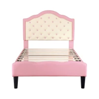 3FT Single Wood Bed with Adjustable Button-Tufted Headboard, Easy Assembly, Upholstered Bed for Kids, 199.5L x 92.0W x 109.5H cm, Beige+Pink(m-2)