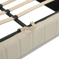 PU Leather Ottoman Bed Frame with LED Lighting, Hydraulic Storage and Channel Tufted Headboard, 201L x 147W x 114H cm, Beige(m-11)