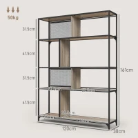 HOMCOM Etajeră Industrială cu 5 Niveluri și 2 Uși Culisante, Raft pentru Cărți din Lemn și Oțel, 120x30x161 cm, Gri(m-3)