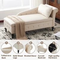 Luxious Designed Velvet Chaise Sofa Bed with Storage, Rectangle Cushion, Button-Tufted Lounge Chair for Bedroom, 144L x 62W x 69H cm, Beige(m-4)