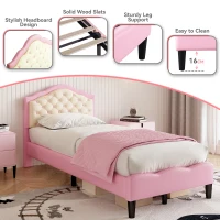 3FT Single Wood Bed with Adjustable Button-Tufted Headboard, Easy Assembly, Upholstered Bed for Kids, 199.5L x 92.0W x 109.5H cm, Beige+Pink(m-5)