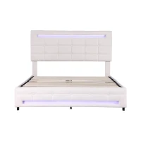 Double Bed Frame with Storage, Adjustable Headboard, Easy Assembly, 198.5L x 143W x 107.5H cm, Beige(m-2)