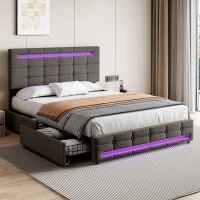 Double Upholstered Bed with LED Lighting and Storage Drawers, Adjustable Headboard, Easy Assembly, 198.5L x 143W x 107.5H cm, Grey(m-1)