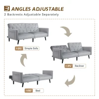 Adjustable Velvet Couch Bed with Storage Pockets, Removable Armrests, Button-Tufted 2 Seater Settee, 191L x 85W x 80H cm, Light Gray(m-5)