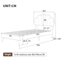 3FT Single Upholstered Velvet Bed Frame with Adjustable Petal Headboard, No Box Spring Needed, Easy Assembly, 194L x 107W x 107H cm, Beige(m-3)