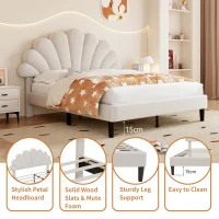 Double Upholstered Velvet Bed Frame with Adjustable Petal Headboard, Solid Wood Slat, No Box Spring Needed, Easy Assembly, Beige(m-6)