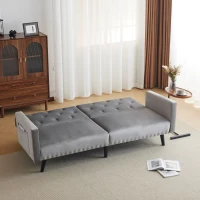 Adjustable Velvet Couch Bed with Storage Pockets, Removable Armrests, Button-Tufted 2 Seater Settee, 191L x 85W x 80H cm, Light Gray(m-9)
