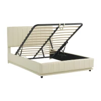 PU Leather Ottoman Bed Frame with LED Lighting, Hydraulic Storage and Channel Tufted Headboard, 201L x 147W x 114H cm, Beige(m-13)