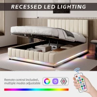 PU Leather Ottoman Bed Frame with LED Lighting, Hydraulic Storage and Channel Tufted Headboard, 201L x 147W x 114H cm, Beige(m-4)