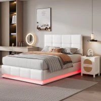 4FT6 Double Ottoman Lift Storage Upholstered Bed Frame with LED Lighting, Gas Lift Storage, 195L x 139W x 113H cm, White(m-7)