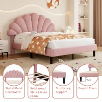Double Upholstered Velvet Bed Frame with Adjustable Petal Headboard, Solid Wood Slat, No Box Spring Needed, Easy Assembly, Pink(m-6)
