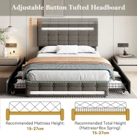 Double Upholstered Bed with LED Lighting and Storage Drawers, Adjustable Headboard, Easy Assembly, 198.5L x 143W x 107.5H cm, Grey(m-4)