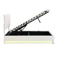 4FT6 Double Ottoman Lift Storage Upholstered Bed Frame with LED Lighting, Gas Lift Storage, 195L x 139W x 113H cm, White(m-13)