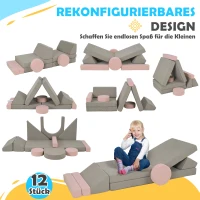 AIYAPLAY Modułowa sofa dla dzieci, 12 miękkich bloków w 6 kształtach, pokrowce do prania, szary/różowy(m-4)