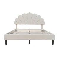 Double Upholstered Velvet Bed Frame with Adjustable Petal Headboard, Solid Wood Slat, No Box Spring Needed, Easy Assembly, Beige(m-2)