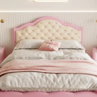 Button-Tufted High Headboard Bed with Solid Wood Slat, Pink Double Bed for Bedroom, Easy Assembly, 199.5L x 139W x 110H cm, Beige+Pink(m-9)