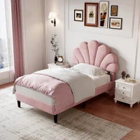 3FT Single Upholstered Velvet Bed Frame with Adjustable Petal Headboard, No Box Spring Needed, Easy Assembly, 194L x 107W x 107H cm, Pink(m-8)