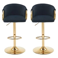 Tabouret de bar moderne pivotant et réglable en hauteur avec dossier et repose-pieds doré pour cuisine, bar et comptoir de restaurant, ensemble de 2,  Noir(m-2)