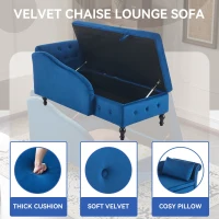 Velvet Upholstered Chaise Sofa Bed with Storage, Pillow, Nailhead-Trim, Button-Tufted Lounge Chair, 144L x 62W x 69H cm, Blue(m-5)