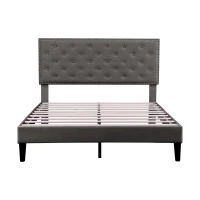 Upholstered Bed Frame with Adjustable Button-Tufted Headboard, Solid Wood Slats, Easy Assembly, 193L x 141W x 110H cm, Grey(m-2)