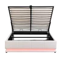 4FT6 Double Ottoman Lift Storage Upholstered Bed Frame with LED Lighting, Gas Lift Storage, 195L x 139W x 113H cm, White(m-12)