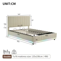 PU Leather Ottoman Bed Frame with LED Lighting, Hydraulic Storage and Channel Tufted Headboard, 201L x 147W x 114H cm, Beige(m-3)