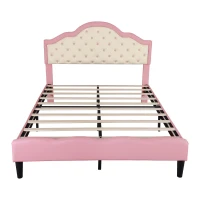 Button-Tufted High Headboard Bed with Solid Wood Slat, Pink Double Bed for Bedroom, Easy Assembly, 199.5L x 139W x 110H cm, Beige+Pink(m-12)
