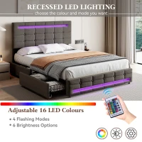 Double Upholstered Bed with LED Lighting and Storage Drawers, Adjustable Headboard, Easy Assembly, 198.5L x 143W x 107.5H cm, Grey(m-5)
