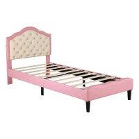 3FT Single Wood Bed with Adjustable Button-Tufted Headboard, Easy Assembly, Upholstered Bed for Kids, 199.5L x 92.0W x 109.5H cm, Beige+Pink(m-12)