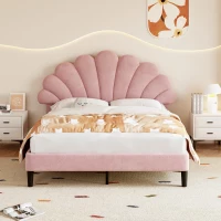 Double Upholstered Velvet Bed Frame with Adjustable Petal Headboard, Solid Wood Slat, No Box Spring Needed, Easy Assembly, Pink(m-1)
