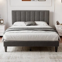 Headboard Adjustable Velvet Double Bed Base with Noise-Free Design, Double Wooden Bedframe for Bedroom, 194L x 140W x 110H cm, Grey(m-1)
