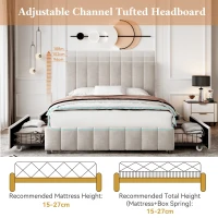 Velvet Double Upholstered Bed with 4 Storage Drawers and Adjustable Channel Tufted Headboard, Easy Assembly, 196L x 143W x 108H cm, Beige(m-4)