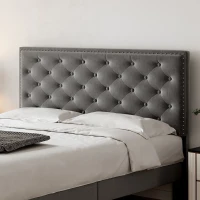 Upholstered Bed Frame with Adjustable Button-Tufted Headboard, Solid Wood Slats, Easy Assembly, 193L x 141W x 110H cm, Grey(m-8)