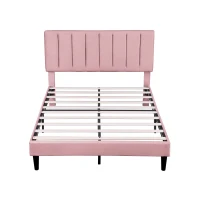 Double Upholstered Velvet Bedstead with Adjustable Tufted Headboard, Solid Wood Slats, Noise-Free Design, 194L x 140W x 110H cm, Pink(m-11)