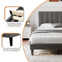Headboard Adjustable Velvet Double Bed Base with Noise-Free Design, Double Wooden Bedframe for Bedroom, 194L x 140W x 110H cm, Grey(m-6)