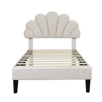 3FT Single Upholstered Velvet Bed Frame with Adjustable Petal Headboard, No Box Spring Needed, Easy Assembly, 194L x 107W x 107H cm, Beige(m-2)
