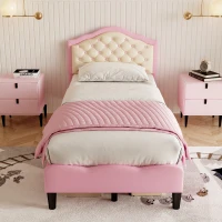 3FT Single Wood Bed with Adjustable Button-Tufted Headboard, Easy Assembly, Upholstered Bed for Kids, 199.5L x 92.0W x 109.5H cm, Beige+Pink(m-1)