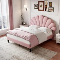 Double Upholstered Velvet Bed Frame with Adjustable Petal Headboard, Solid Wood Slat, No Box Spring Needed, Easy Assembly, Pink(m-8)