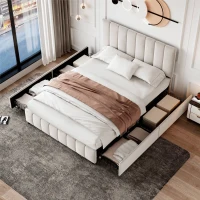 Velvet Double Upholstered Bed with 4 Storage Drawers and Adjustable Channel Tufted Headboard, Easy Assembly, 196L x 143W x 108H cm, Beige(m-8)