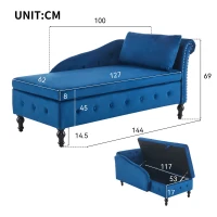 Velvet Upholstered Chaise Sofa Bed with Storage, Pillow, Nailhead-Trim, Button-Tufted Lounge Chair, 144L x 62W x 69H cm, Blue(m-3)