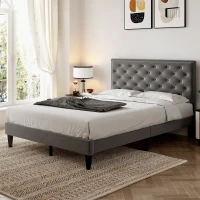 Upholstered Bed Frame with Adjustable Button-Tufted Headboard, Solid Wood Slats, Easy Assembly, 193L x 141W x 110H cm, Grey(m-7)