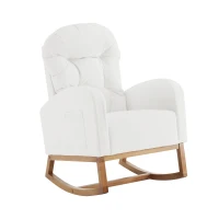 Fauteuil à bascule avec pieds en bois massif, fauteuil lounge pour salon, chambre et balcon, fauteuil rembourré avec mousse haute élasticité, 68,5 L x 88 l  x 101 Hcm, Blanc(m-2)