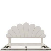 Double Upholstered Velvet Bed Frame with Adjustable Petal Headboard, Solid Wood Slat, No Box Spring Needed, Easy Assembly, Beige(m-9)