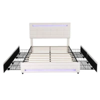 Double Bed Frame with Storage, Adjustable Headboard, Easy Assembly, 198.5L x 143W x 107.5H cm, Beige(m-11)
