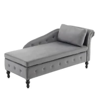 Luxious Designed Velvet Chaise Sofa Bed with Storage, Rectangle Cushion, Button-Tufted Lounge Chair for Bedroom, 144L x 62W x 69H cm, Grey(m-2)