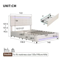 Double Bed Frame with Storage, Adjustable Headboard, Easy Assembly, 198.5L x 143W x 107.5H cm, Beige(m-3)