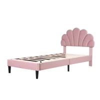 3FT Single Upholstered Velvet Bed Frame with Adjustable Petal Headboard, No Box Spring Needed, Easy Assembly, 194L x 107W x 107H cm, Pink(m-11)