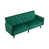 Adjustable Velvet 2-Seater Sofa Bed with Storage Pockets, Removable Armrests, Button-Tufted Recliner Couch, 191L x 85W x 80H cm, Green(m-10)