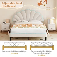 Double Upholstered Velvet Bed Frame with Adjustable Petal Headboard, Solid Wood Slat, No Box Spring Needed, Easy Assembly, Beige(m-4)