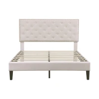 Double Upholstered Velvet Bedstead with Button-Tufted Headboard, Noise-Free Design, Solid Wood Slats, 193L x 141W x 110H cm, Beige(m-2)